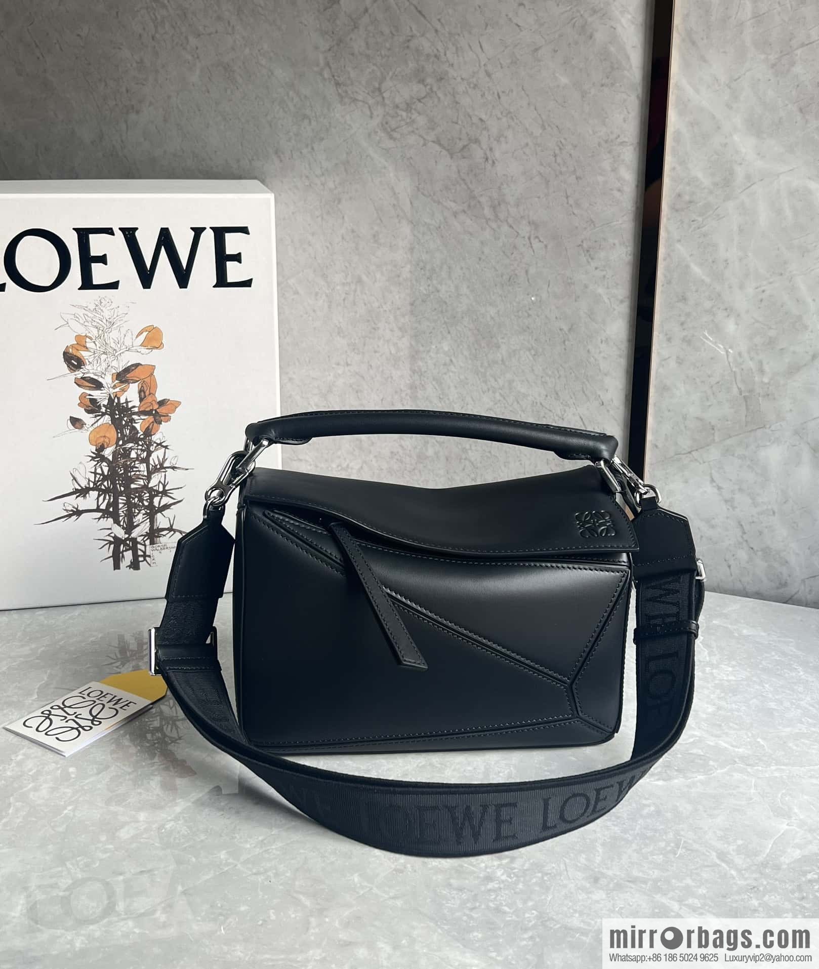 LOEWE satin leather ➕ Anagram embroidery shoulder strap puzzle geometric bag 0189 black