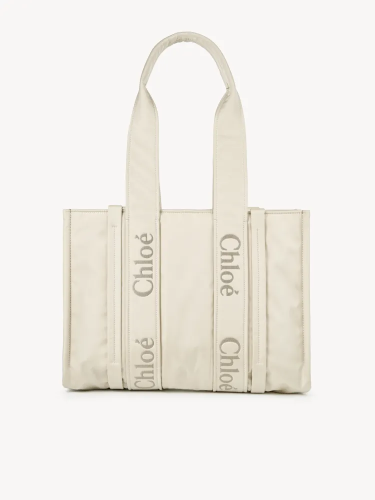 Chloe's new nylon Woody tote bag with new material, medium rice apricot 37CM.