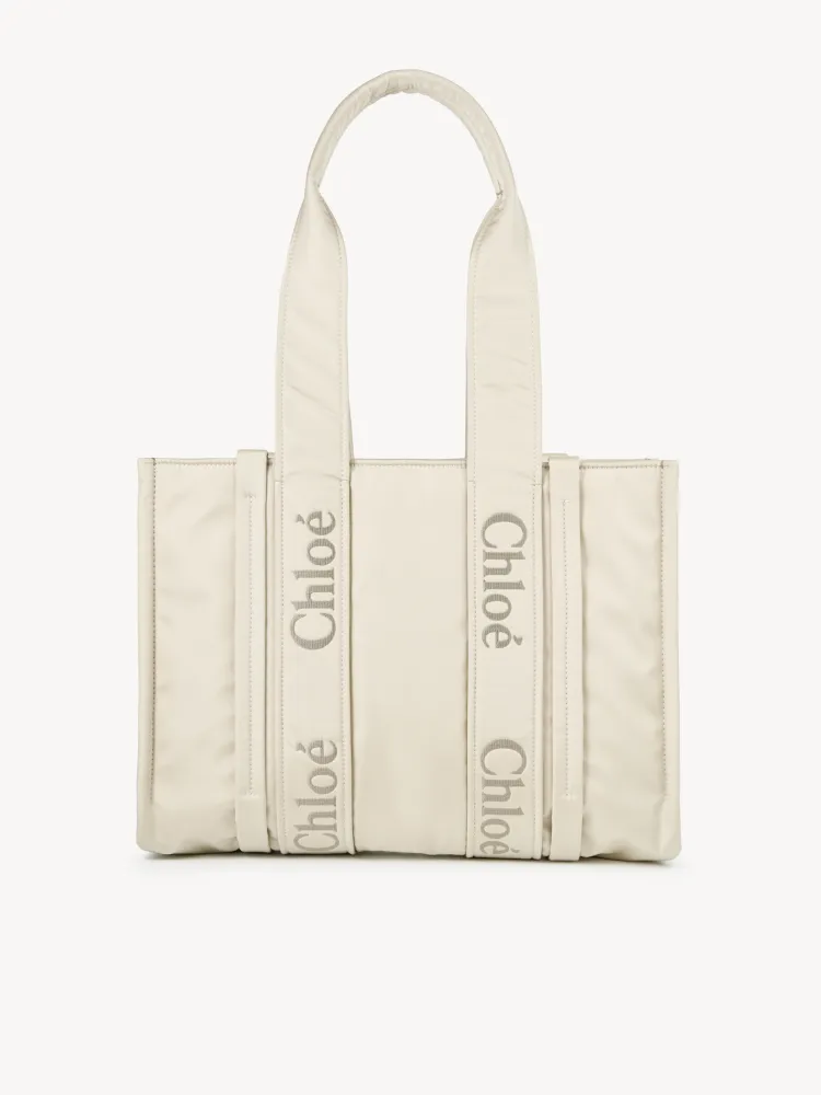 Chloe's new nylon Woody tote bag with new material, medium rice apricot 37CM.