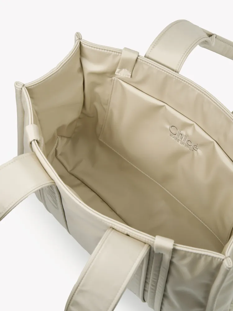 Chloe's new nylon Woody tote bag with new material, medium rice apricot 37CM.