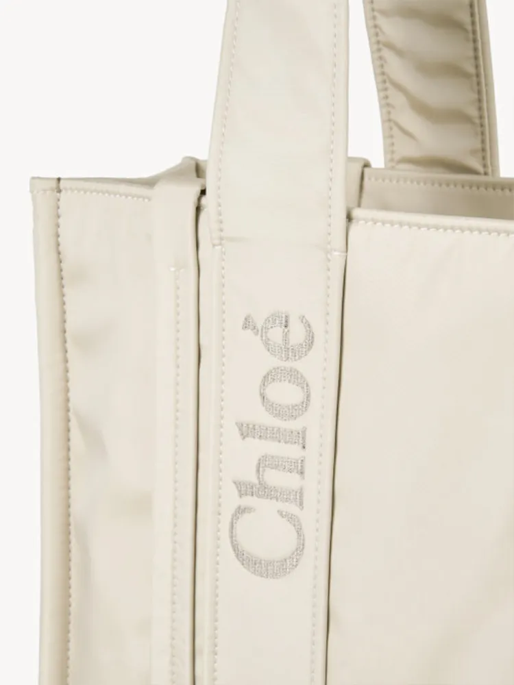 Chloe's new nylon Woody tote bag with new material, medium rice apricot 37CM.