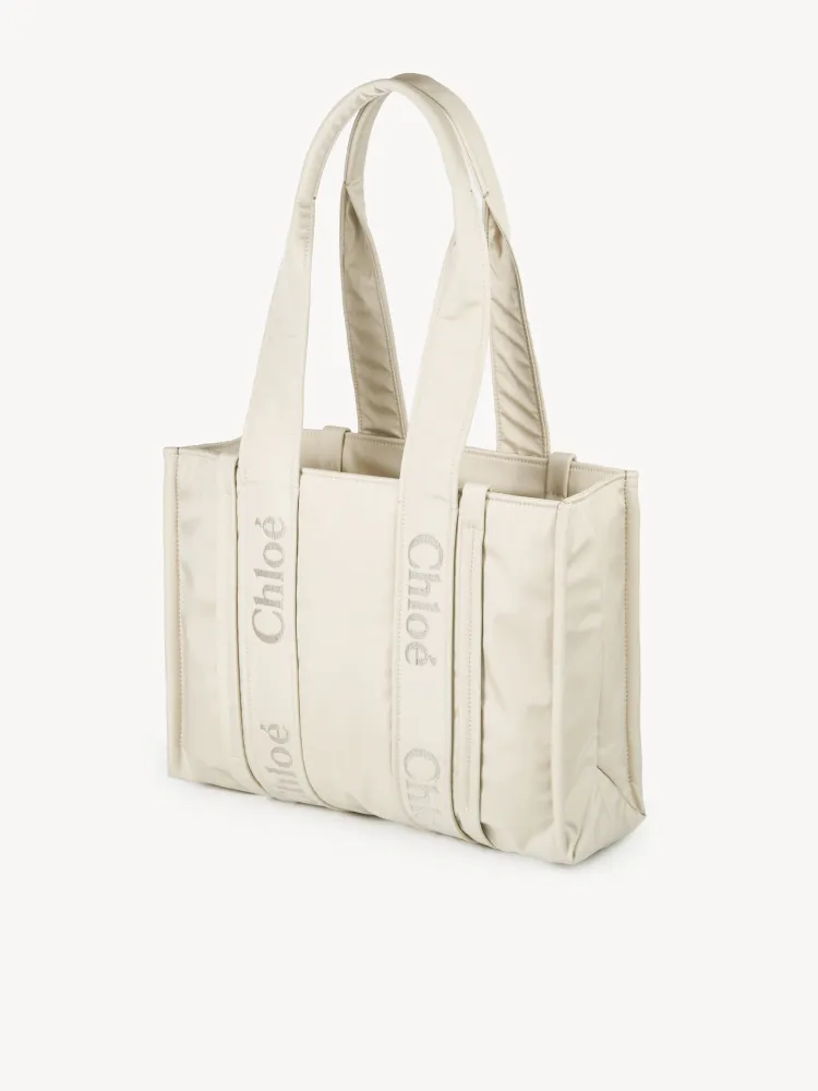 Chloe's new nylon Woody tote bag with new material, medium rice apricot 37CM.