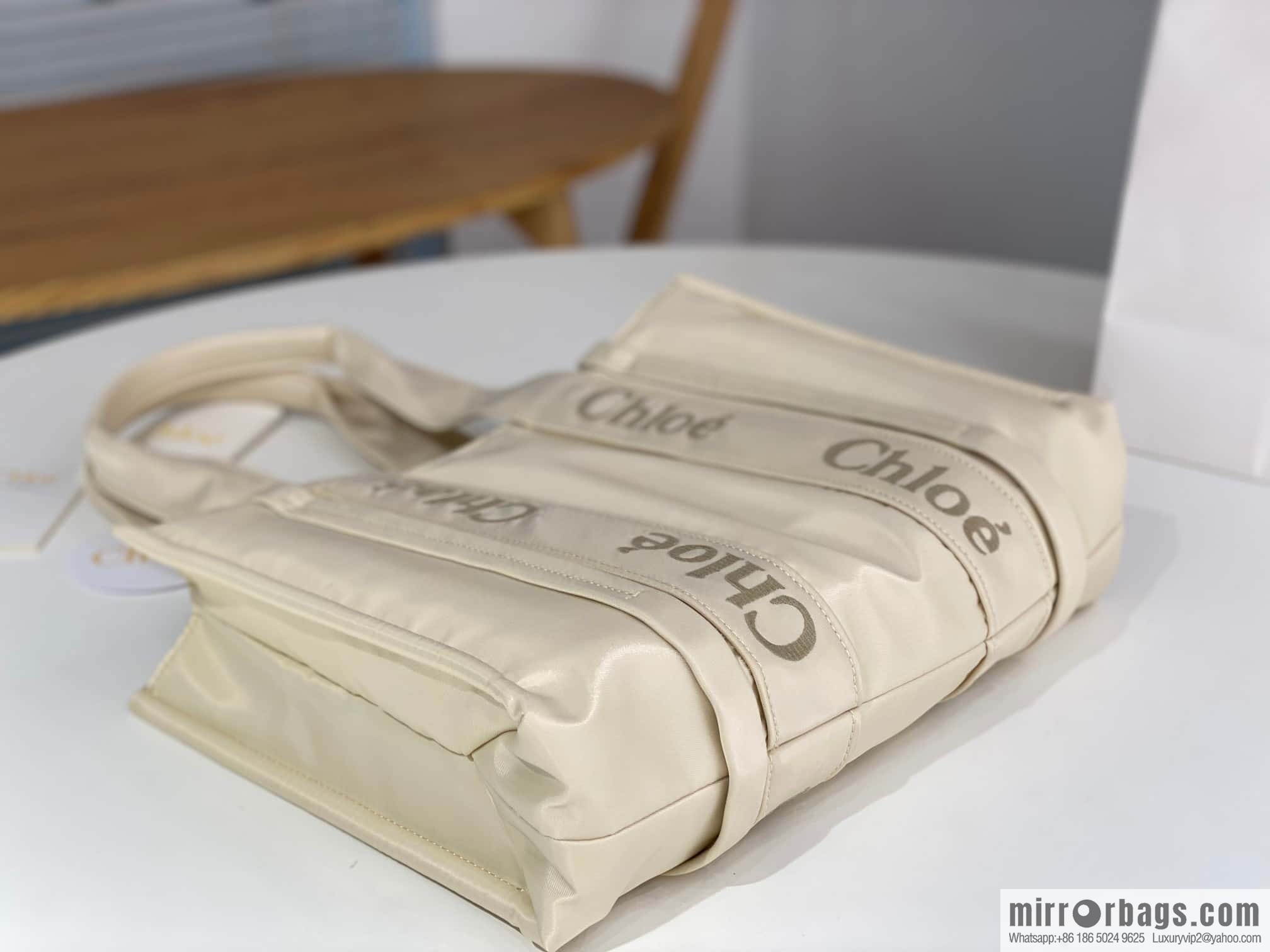 Chloe's new nylon Woody tote bag with new material, medium rice apricot 37CM.