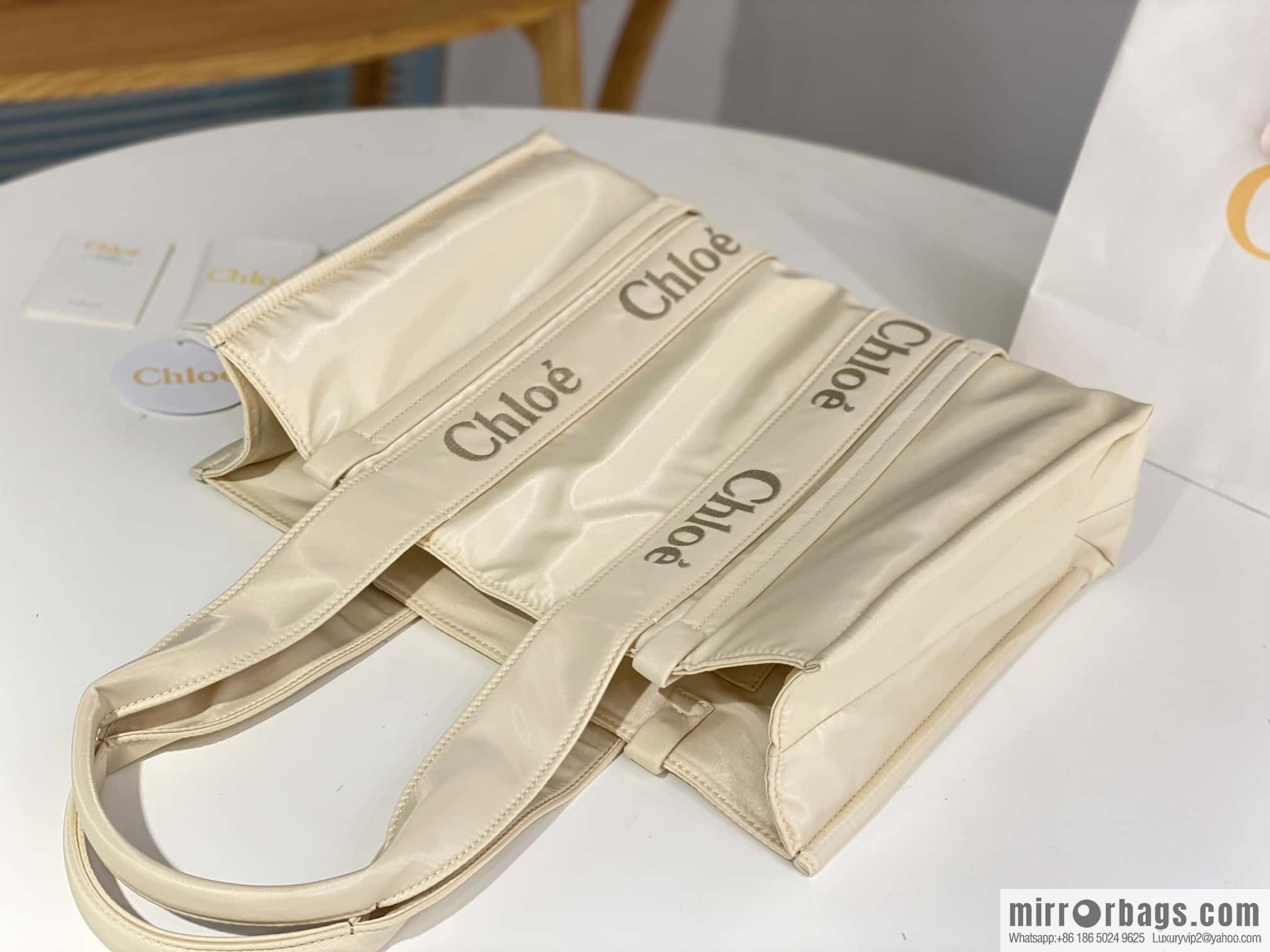 Chloe's new nylon new material Woody tote bag, large rice apricot 45CM.