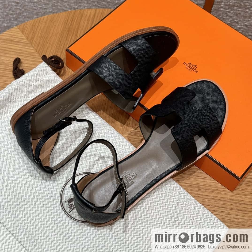 Hermès 196 Santorini sandals 50 palm print/Epsom black/CK89/Noir
