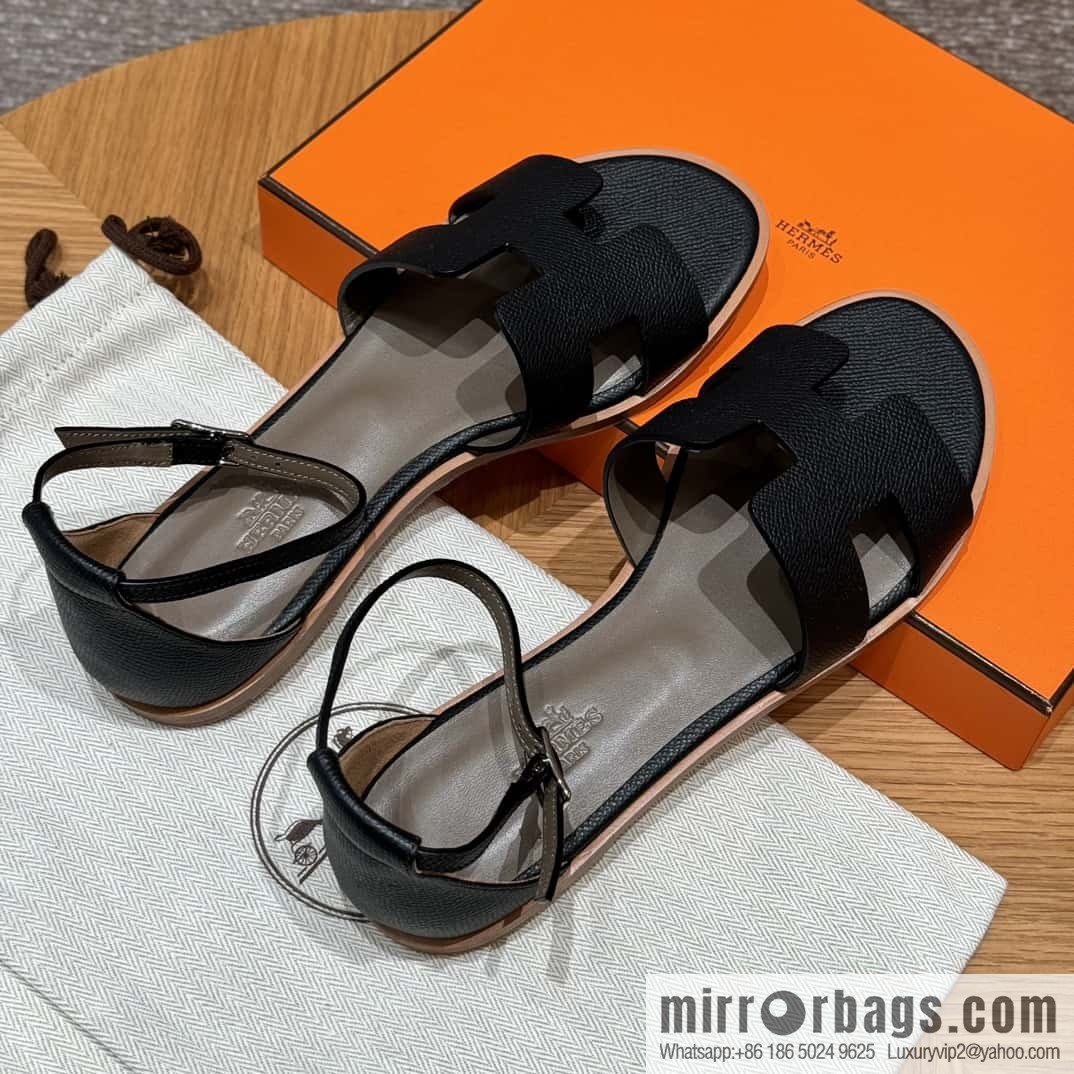 Hermès 196 Santorini sandals 50 palm print/Epsom black/CK89/Noir
