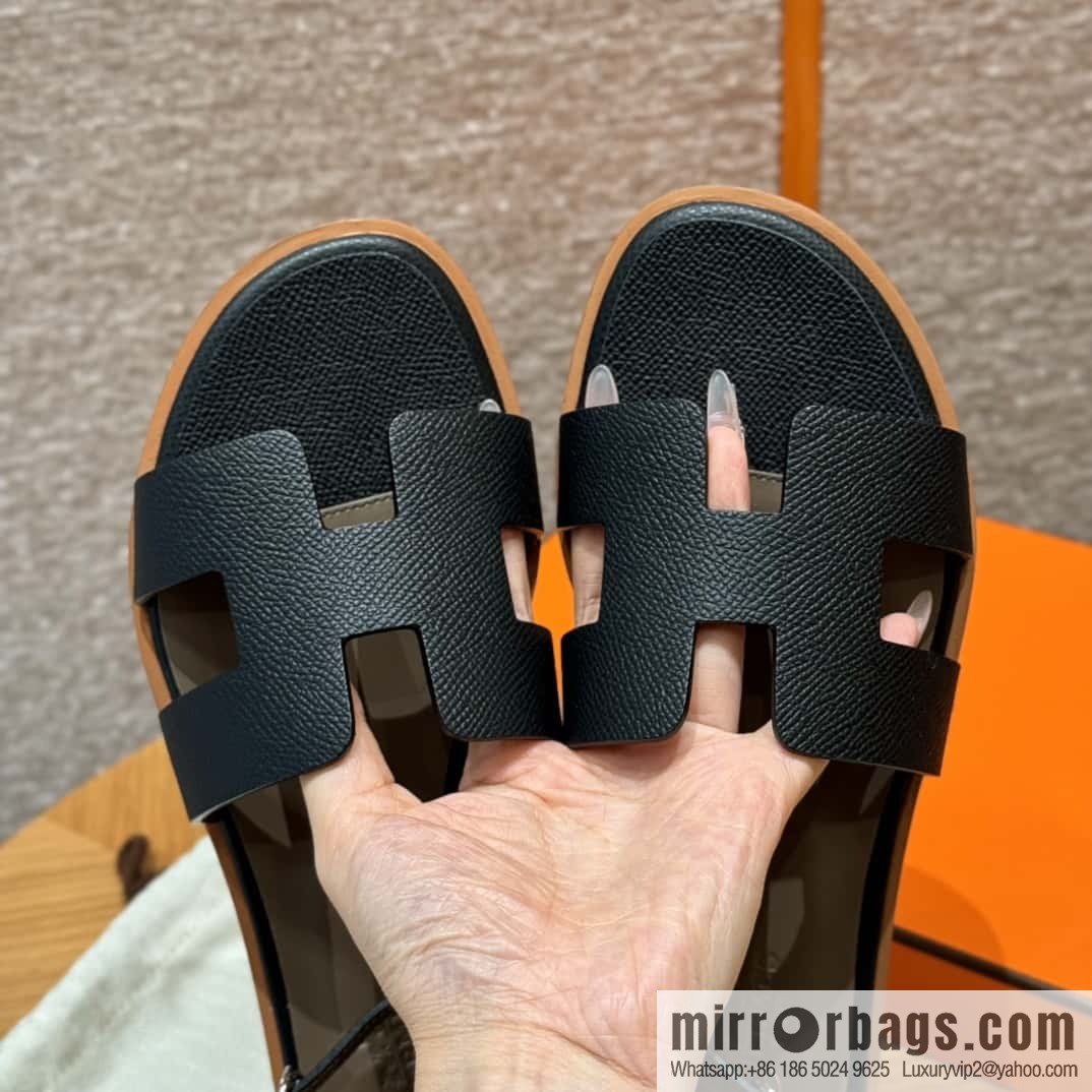 Hermès 196 Santorini sandals 50 palm print/Epsom black/CK89/Noir
