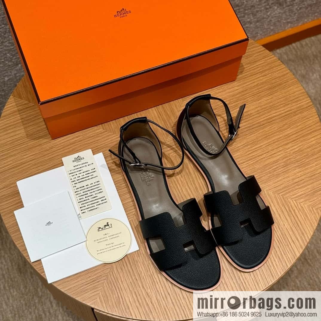 Hermès 196 Santorini sandals 50 palm print/Epsom black/CK89/Noir