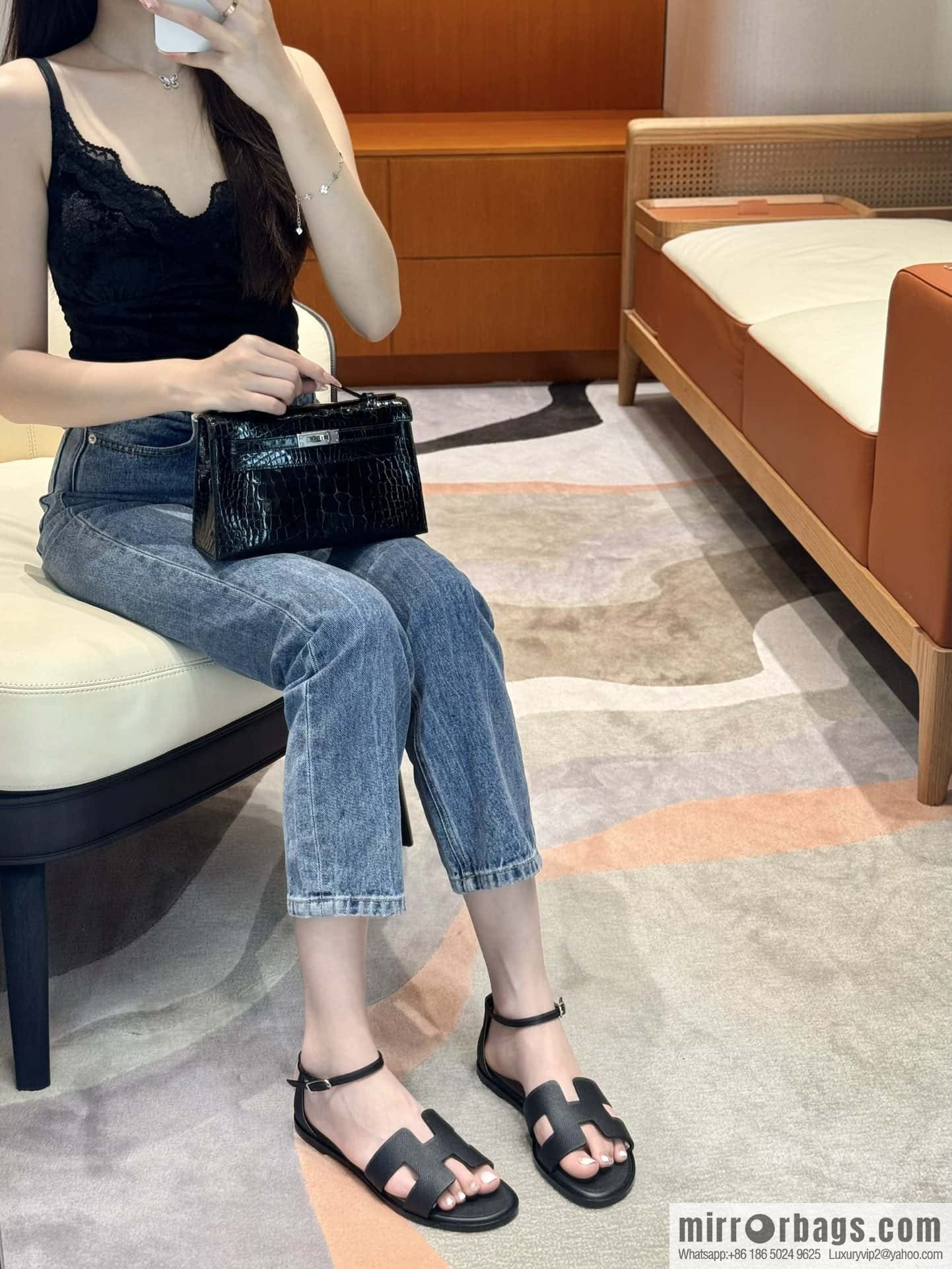 Hermès 196 Santorini sandals 50 palm print/Epsom black/CK89/Noir
