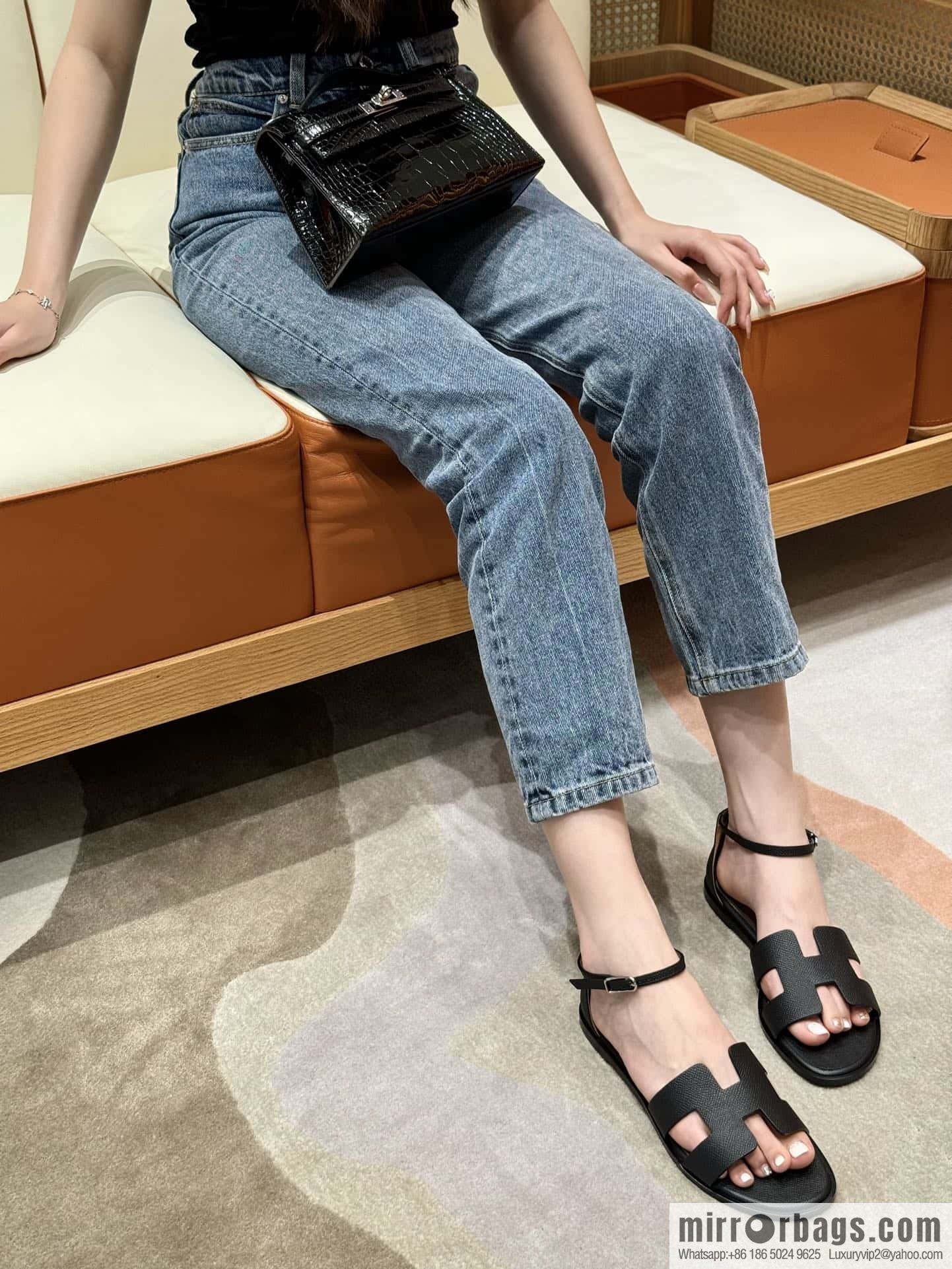 Hermès 196 Santorini sandals 50 palm print/Epsom black/CK89/Noir