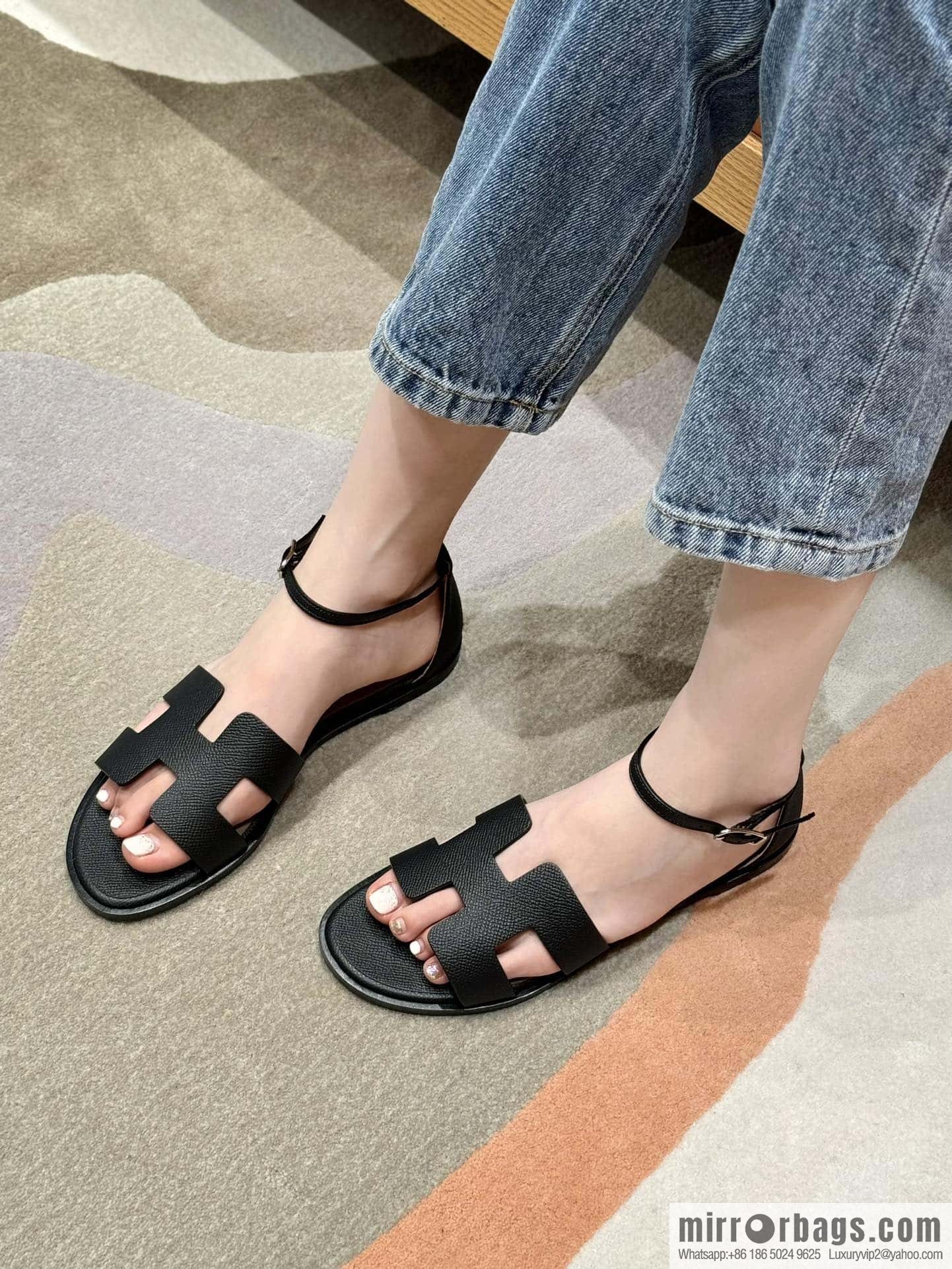 Hermès 196 Santorini sandals 50 palm print/Epsom black/CK89/Noir
