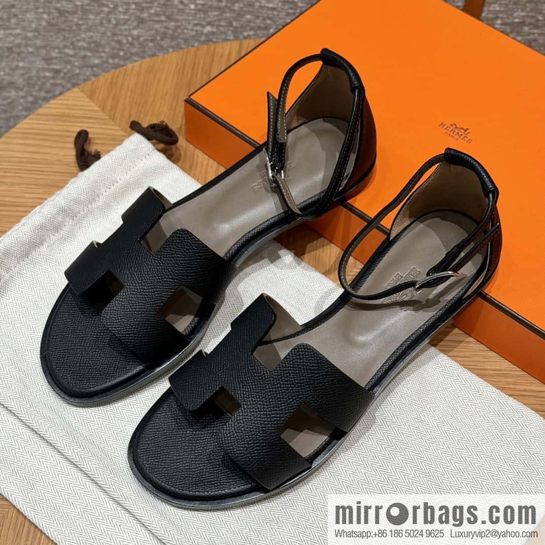 Hermès 196 Santorini sandals 50 palm print/Epsom black/CK89/Noir