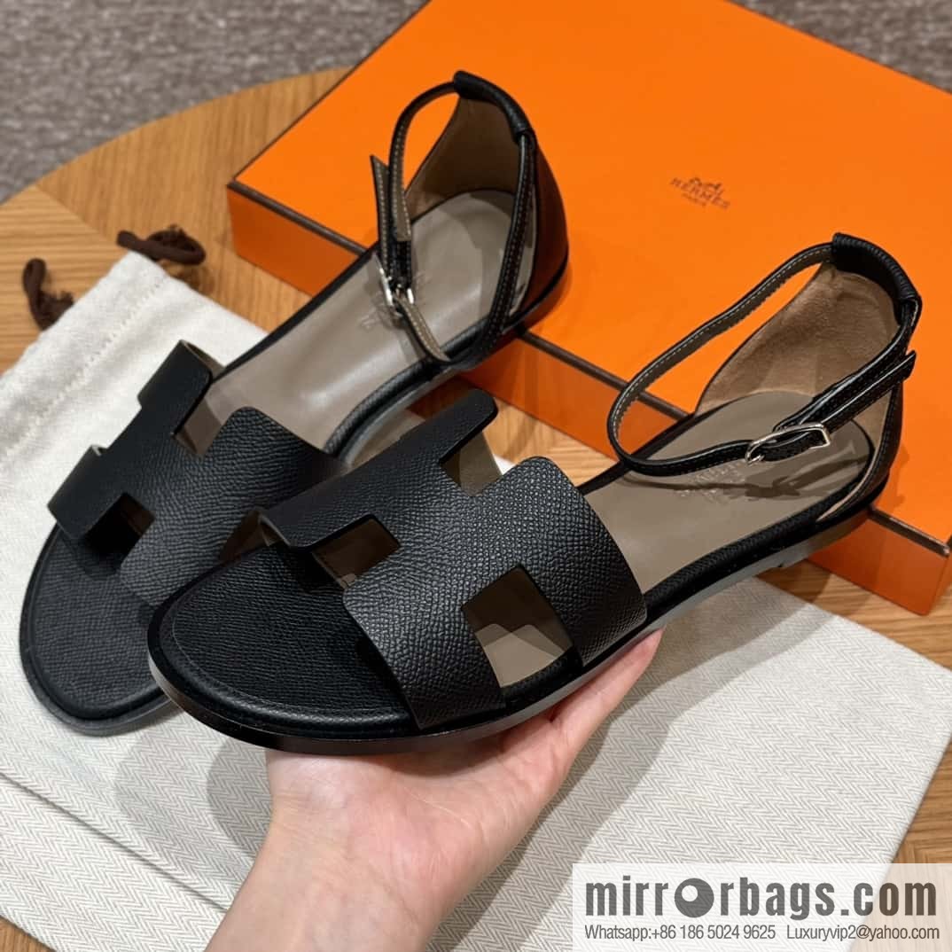 Hermès 196 Santorini sandals 50 palm print/Epsom black/CK89/Noir
