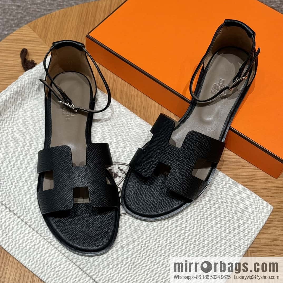 Hermès 196 Santorini sandals 50 palm print/Epsom black/CK89/Noir