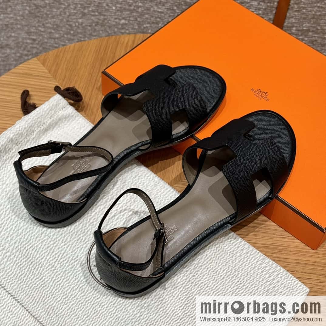 Hermès 196 Santorini sandals 50 palm print/Epsom black/CK89/Noir