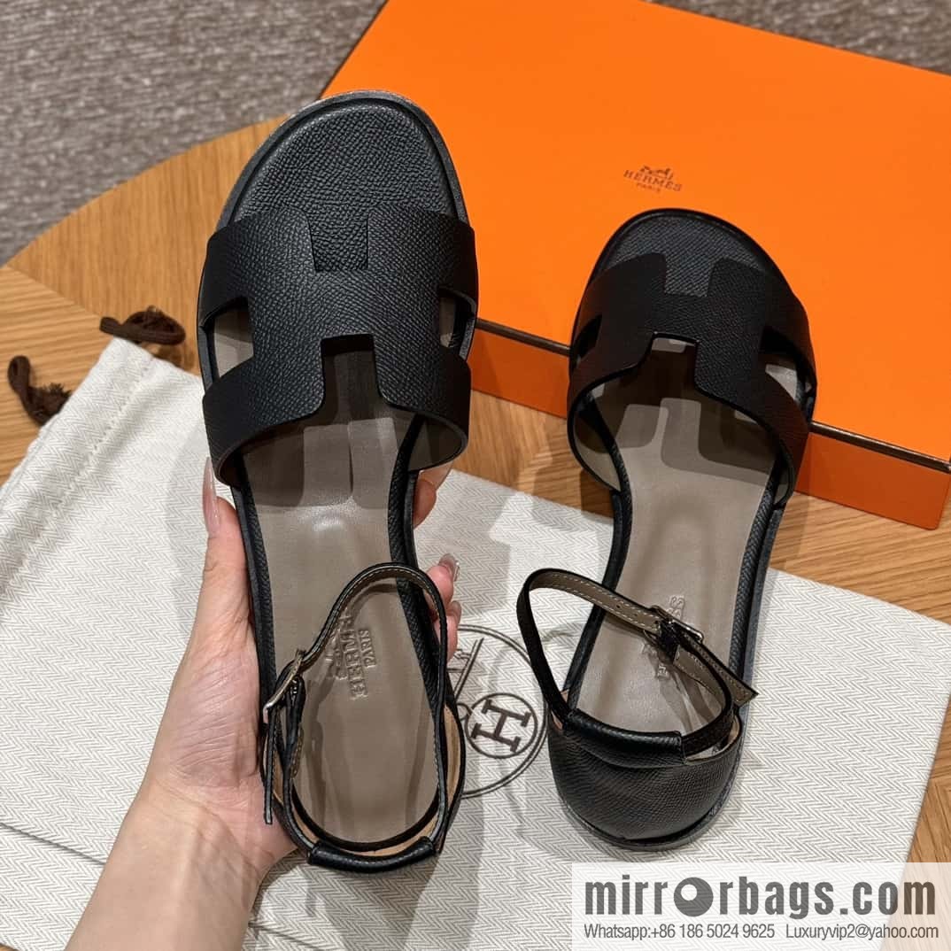 Hermès 196 Santorini sandals 50 palm print/Epsom black/CK89/Noir