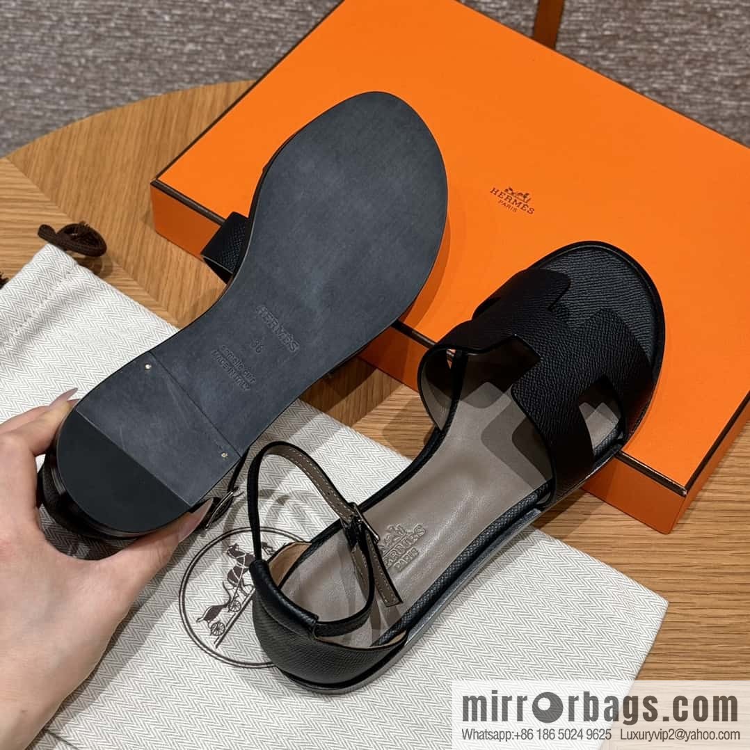 Hermès 196 Santorini sandals 50 palm print/Epsom black/CK89/Noir