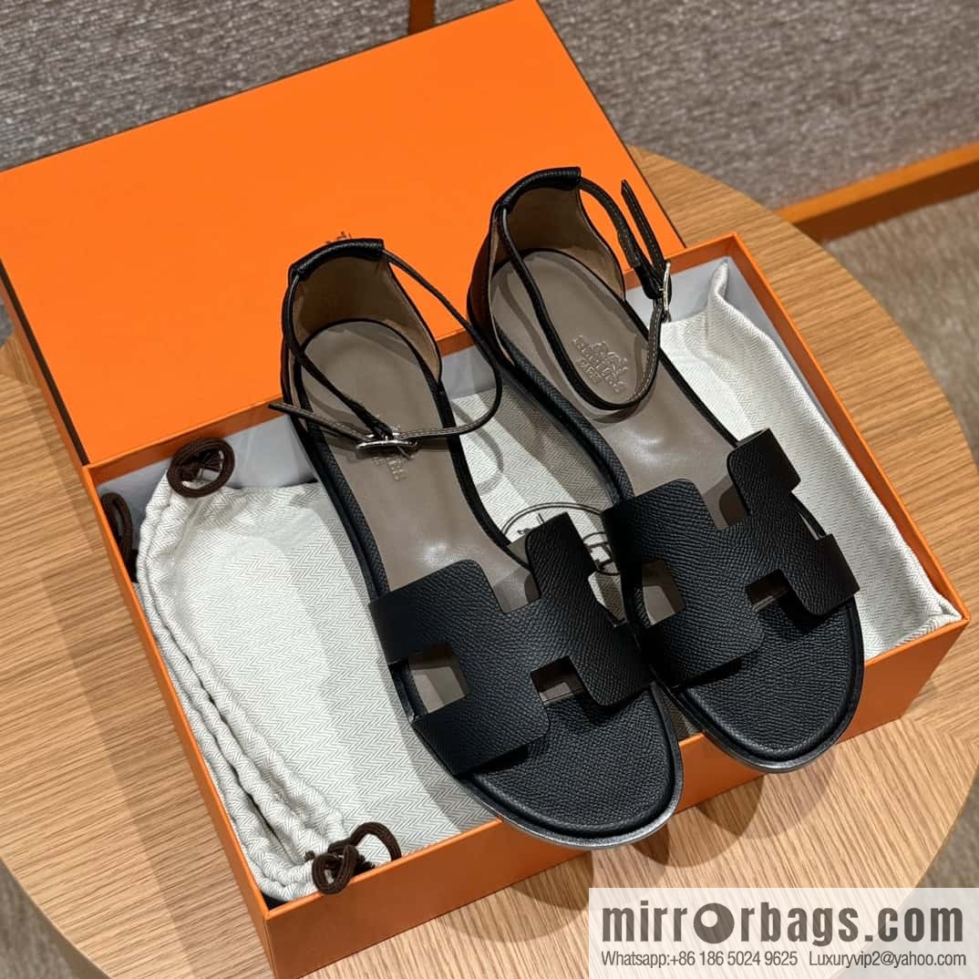Hermès 196 Santorini sandals 50 palm print/Epsom black/CK89/Noir
