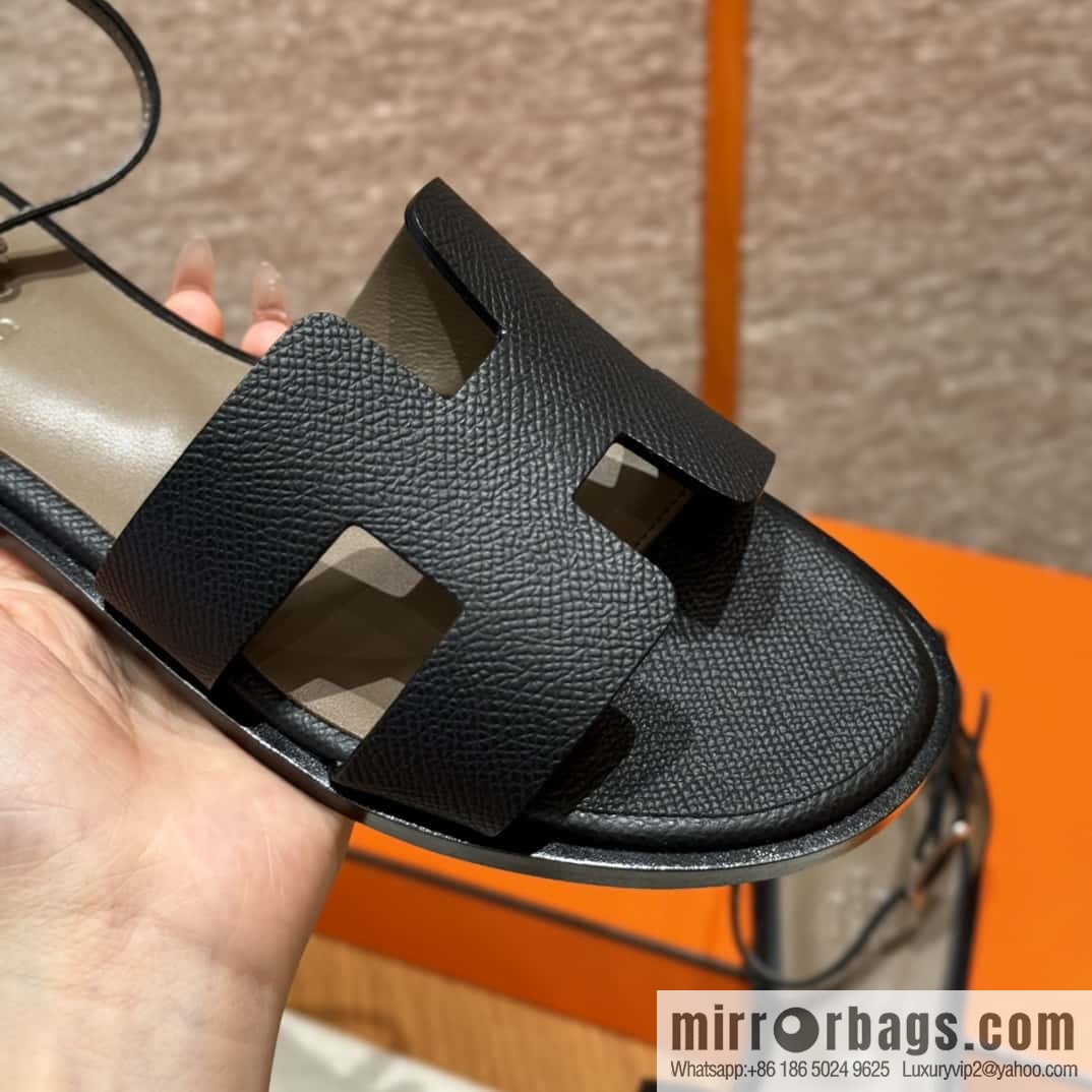 Hermès 196 Santorini sandals 50 palm print/Epsom black/CK89/Noir