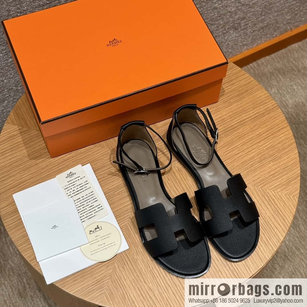 Hermès 196 Santorini sandals 50 palm print/Epsom black/CK89/Noir