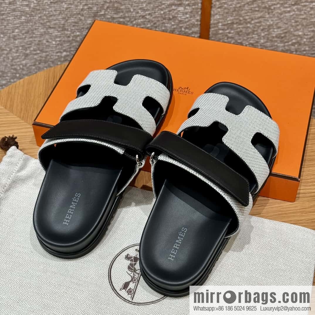 Hermès 225 CHYPRE SANDAL uncle shoes, black patchwork/Ck89/noir/Cloth
