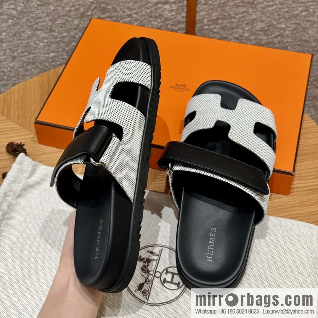 Hermès 225 CHYPRE SANDAL uncle shoes, black patchwork/Ck89/noir/Cloth