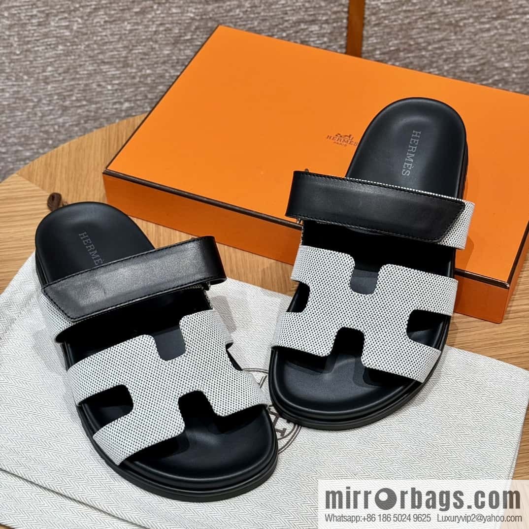 Hermès 225 CHYPRE SANDAL uncle shoes, black patchwork/Ck89/noir/Cloth