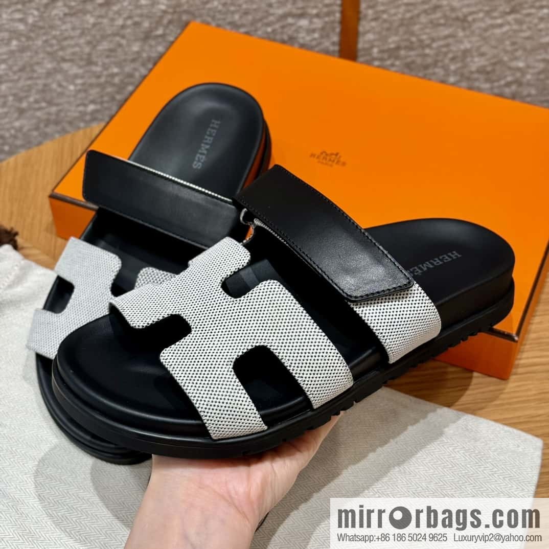 Hermès 225 CHYPRE SANDAL uncle shoes, black patchwork/Ck89/noir/Cloth
