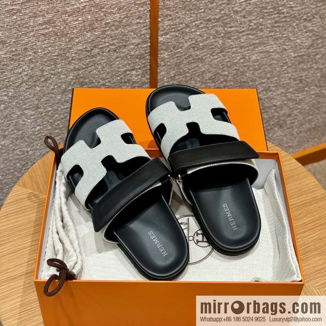 Hermès 225 CHYPRE SANDAL uncle shoes, black patchwork/Ck89/noir/Cloth