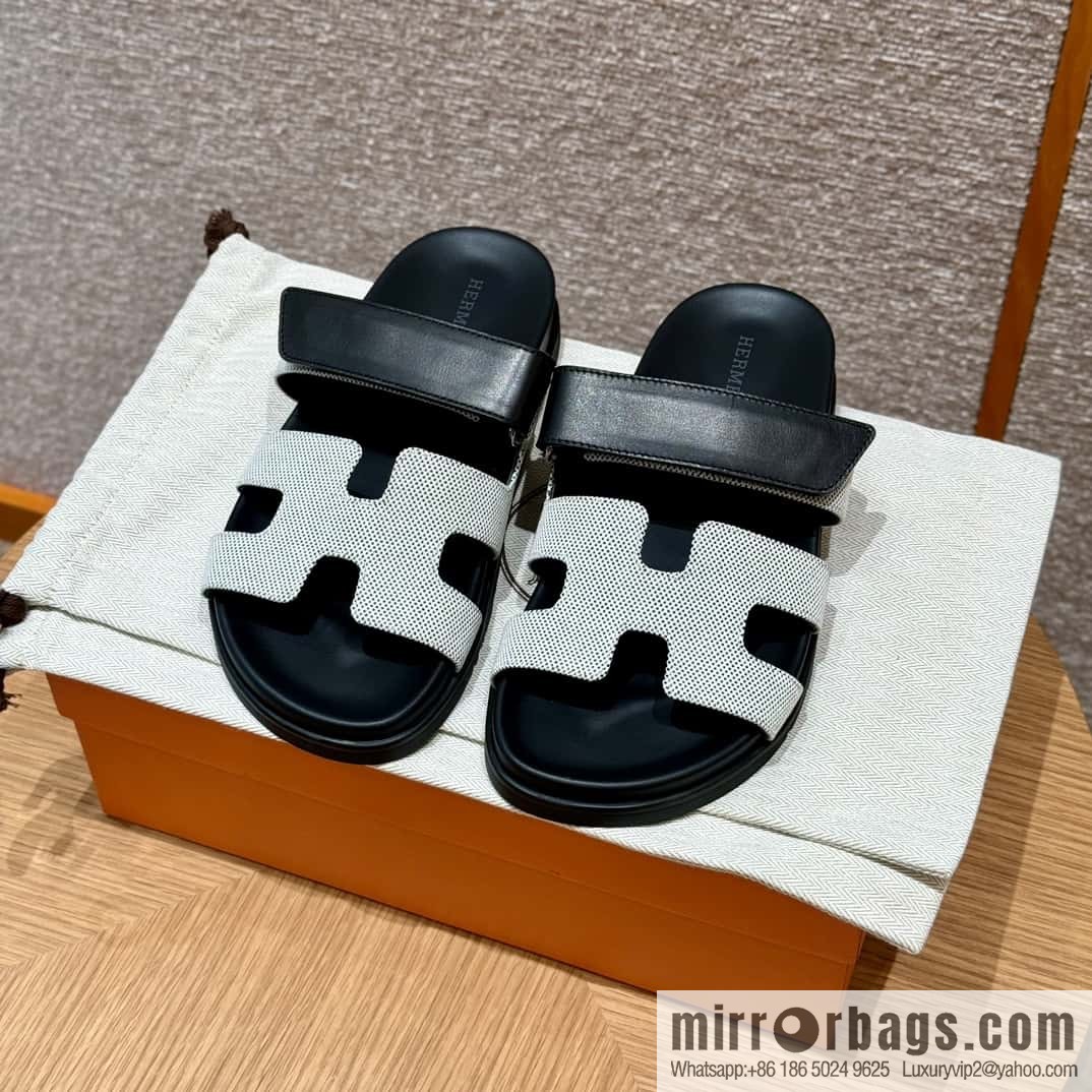Hermès 225 CHYPRE SANDAL uncle shoes, black patchwork/Ck89/noir/Cloth