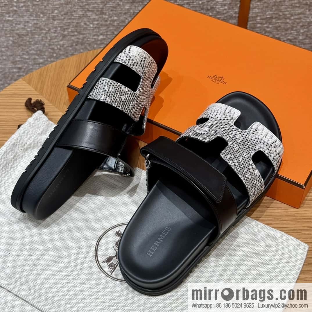 Hermès 225 CHYPRE SANDAL uncle shoes, black/CK89/Noir/Himalaya/Lizard primary color