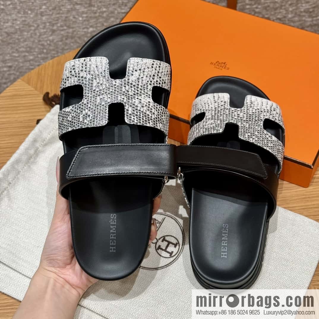 Hermès 225 CHYPRE SANDAL uncle shoes, black/CK89/Noir/Himalaya/Lizard primary color