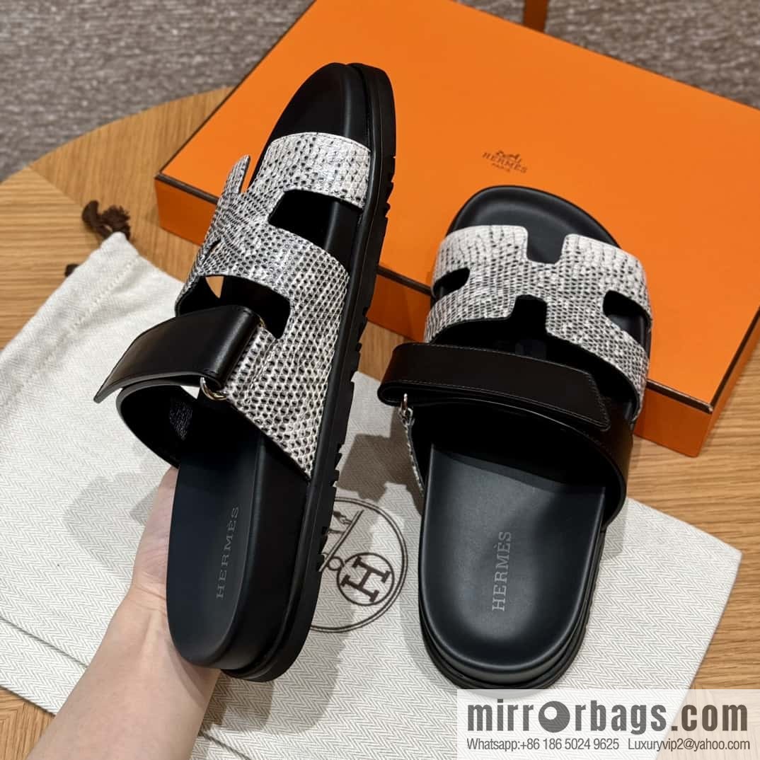 Hermès 225 CHYPRE SANDAL uncle shoes, black/CK89/Noir/Himalaya/Lizard primary color