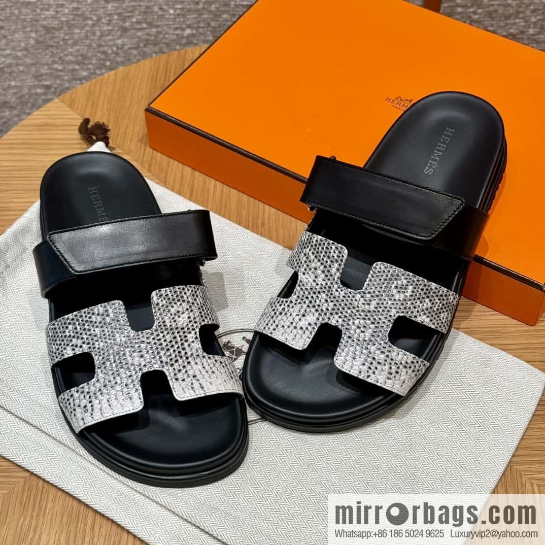 Hermès 225 CHYPRE SANDAL uncle shoes, black/CK89/Noir/Himalaya/Lizard primary color