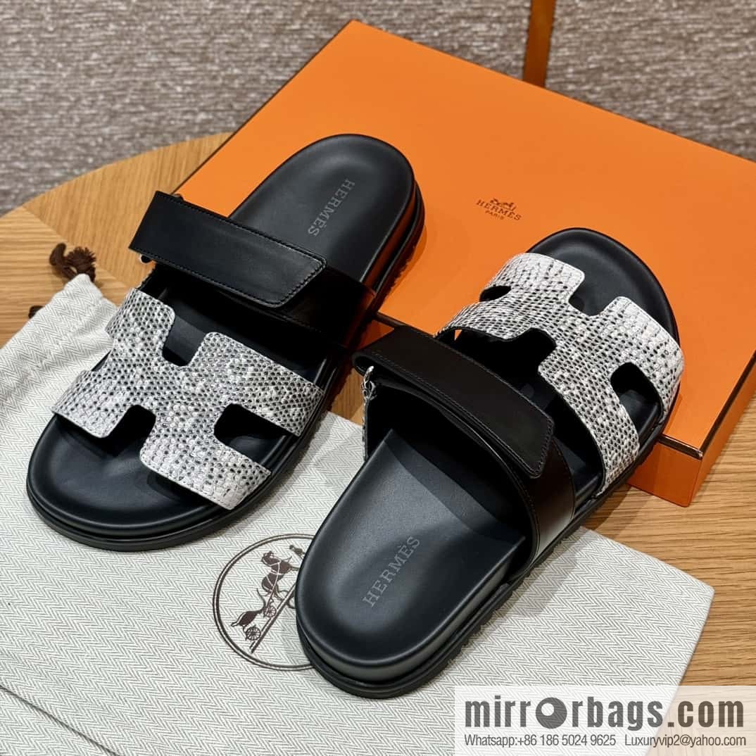 Hermès 225 CHYPRE SANDAL uncle shoes, black/CK89/Noir/Himalaya/Lizard primary color