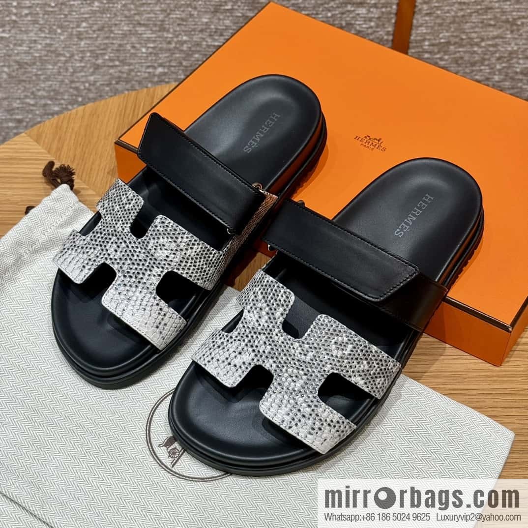 Hermès 225 CHYPRE SANDAL uncle shoes, black/CK89/Noir/Himalaya/Lizard primary color