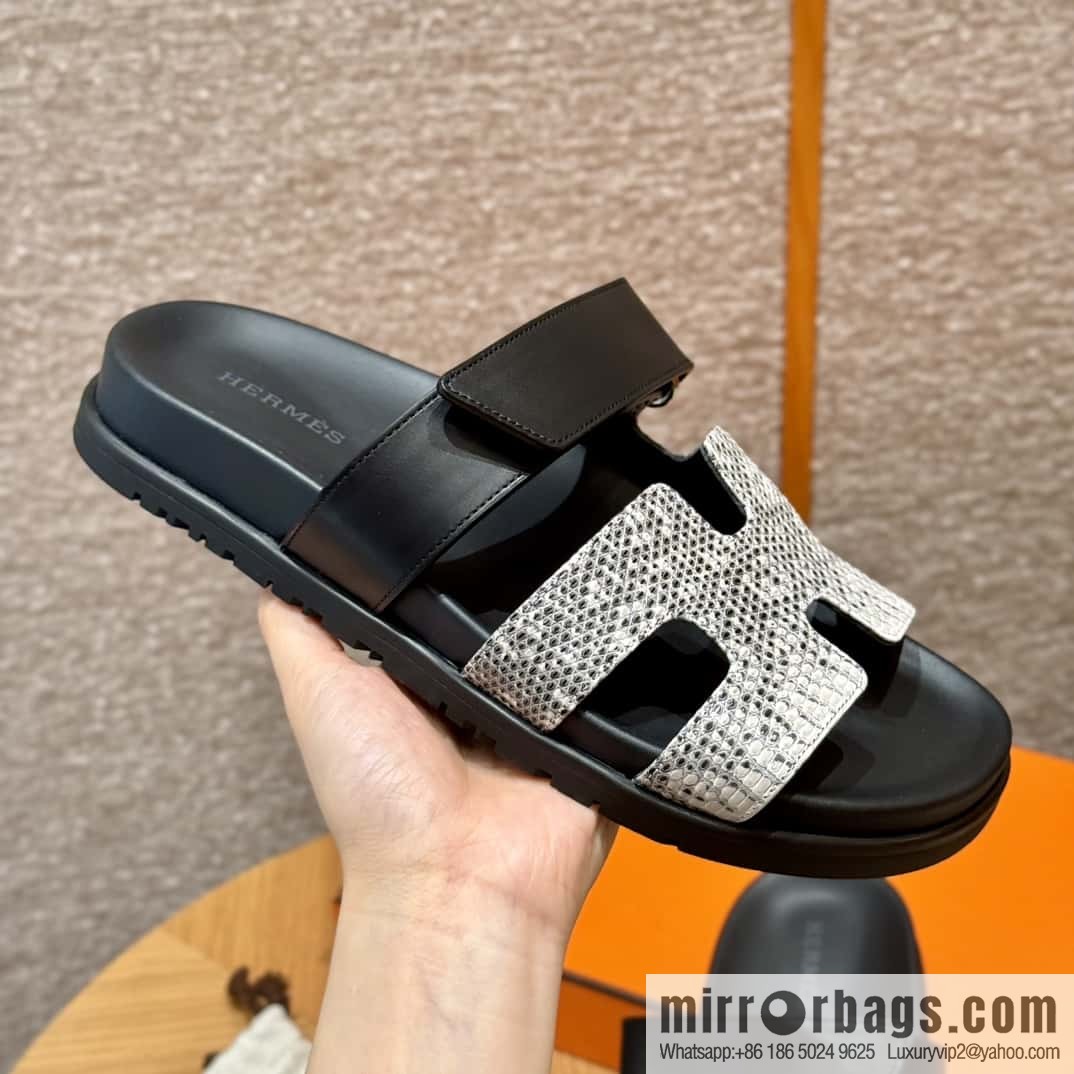 Hermès 225 CHYPRE SANDAL uncle shoes, black/CK89/Noir/Himalaya/Lizard primary color