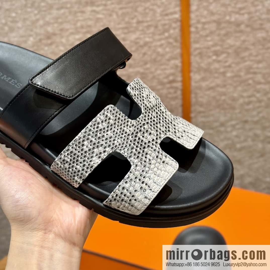 Hermès 225 CHYPRE SANDAL uncle shoes, black/CK89/Noir/Himalaya/Lizard primary color