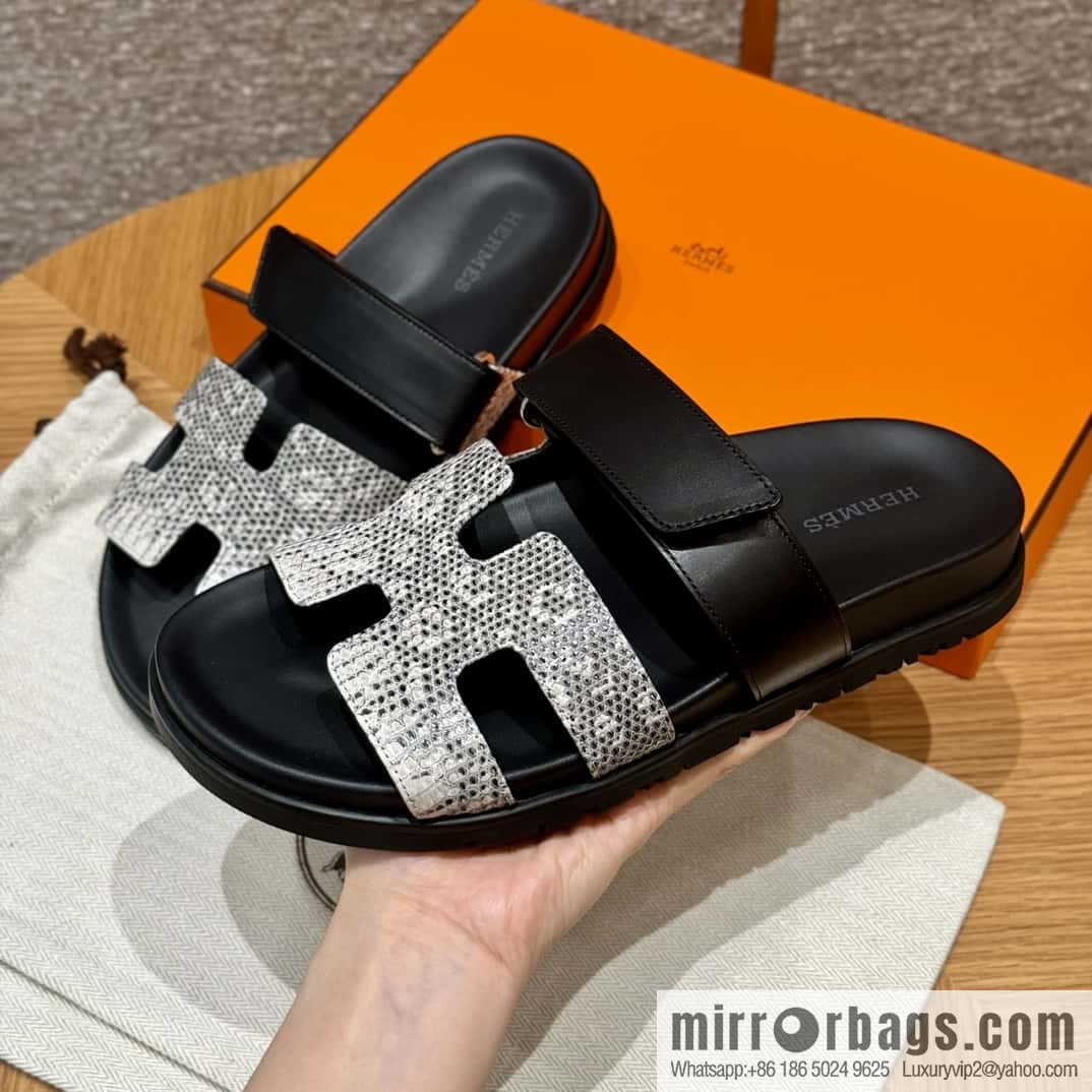 Hermès 225 CHYPRE SANDAL uncle shoes, black/CK89/Noir/Himalaya/Lizard primary color