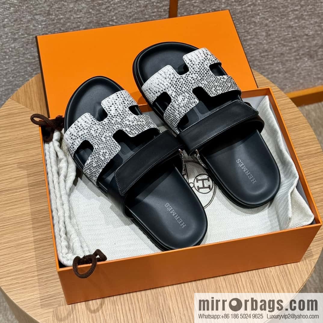 Hermès 225 CHYPRE SANDAL uncle shoes, black/CK89/Noir/Himalaya/Lizard primary color
