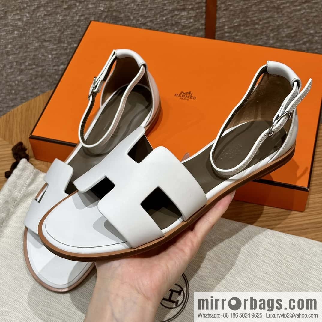 Hermès 196 Santorini Sandals 50 Plain Weave/Swift White/01/Blanc