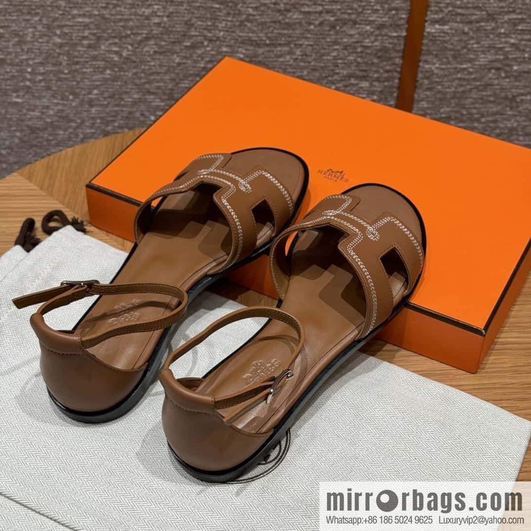 Hermès 196 Santorini sandals 50 plain/Swift gold brown/ck37/gold