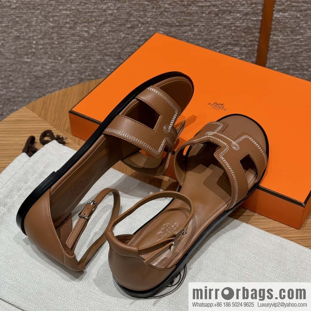 Hermès 196 Santorini sandals 50 plain/Swift gold brown/ck37/gold