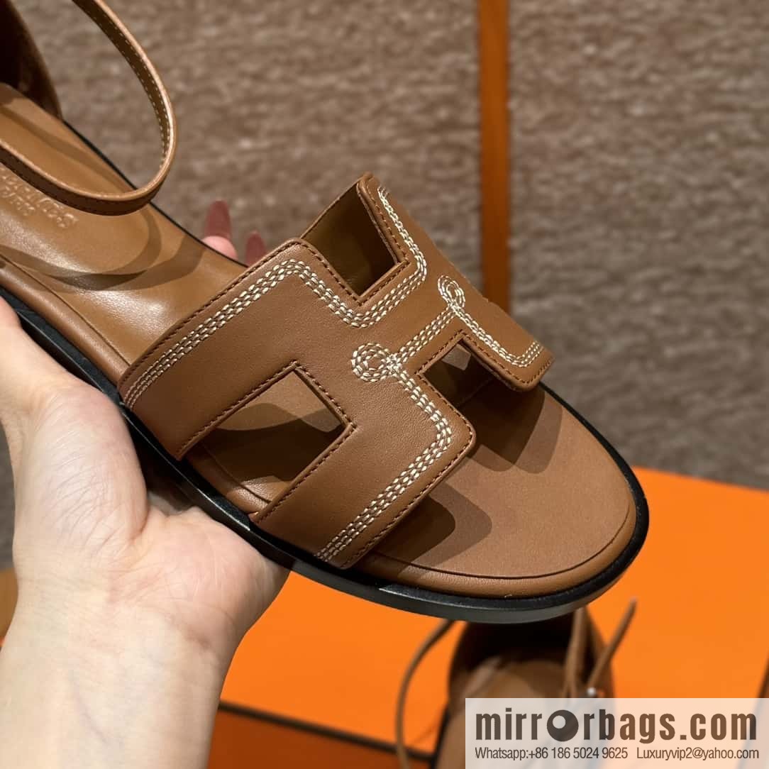 Hermès 196 Santorini sandals 50 plain/Swift gold brown/ck37/gold