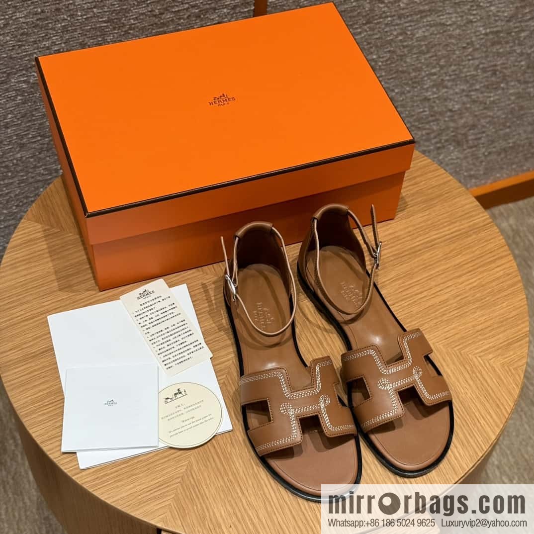 Hermès 196 Santorini sandals 50 plain/Swift gold brown/ck37/gold