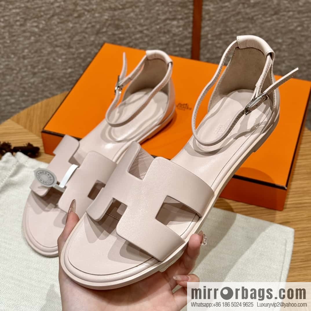 Hermès 196 Santorini Sandals 50 Plain Weave/Swift Petal Powder/Petal powder
