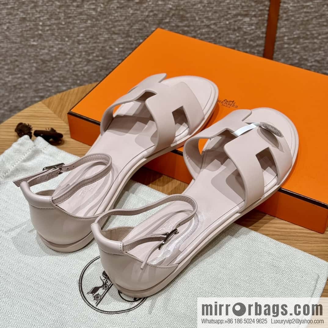 Hermès 196 Santorini Sandals 50 Plain Weave/Swift Petal Powder/Petal powder