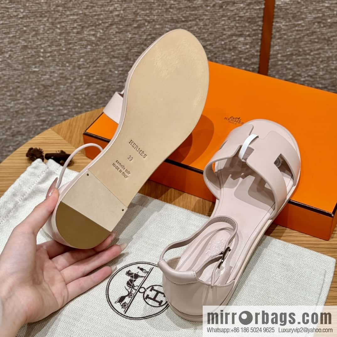Hermès 196 Santorini Sandals 50 Plain Weave/Swift Petal Powder/Petal powder