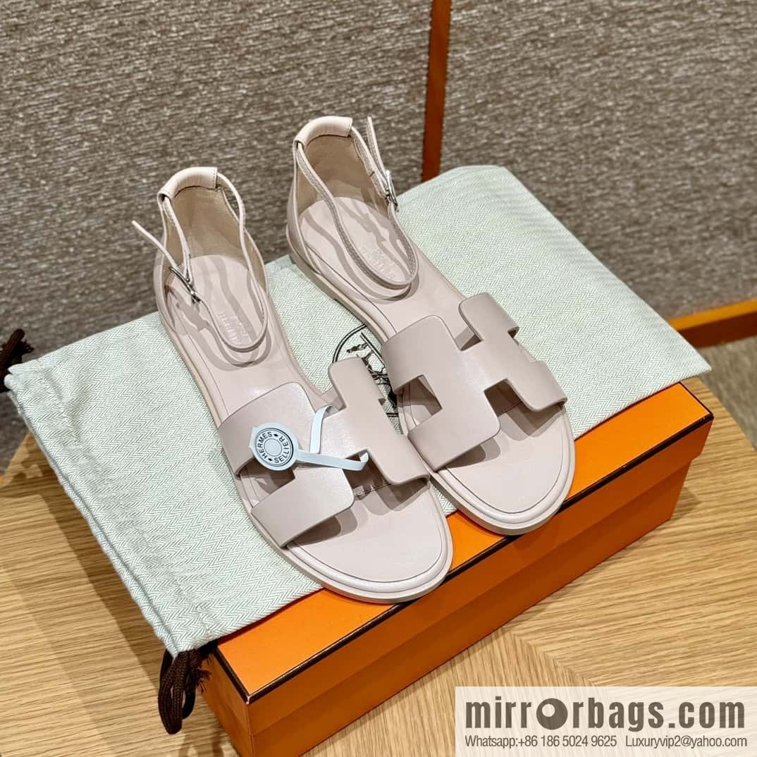 Hermès 196 Santorini Sandals 50 Plain Weave/Swift Petal Powder/Petal powder