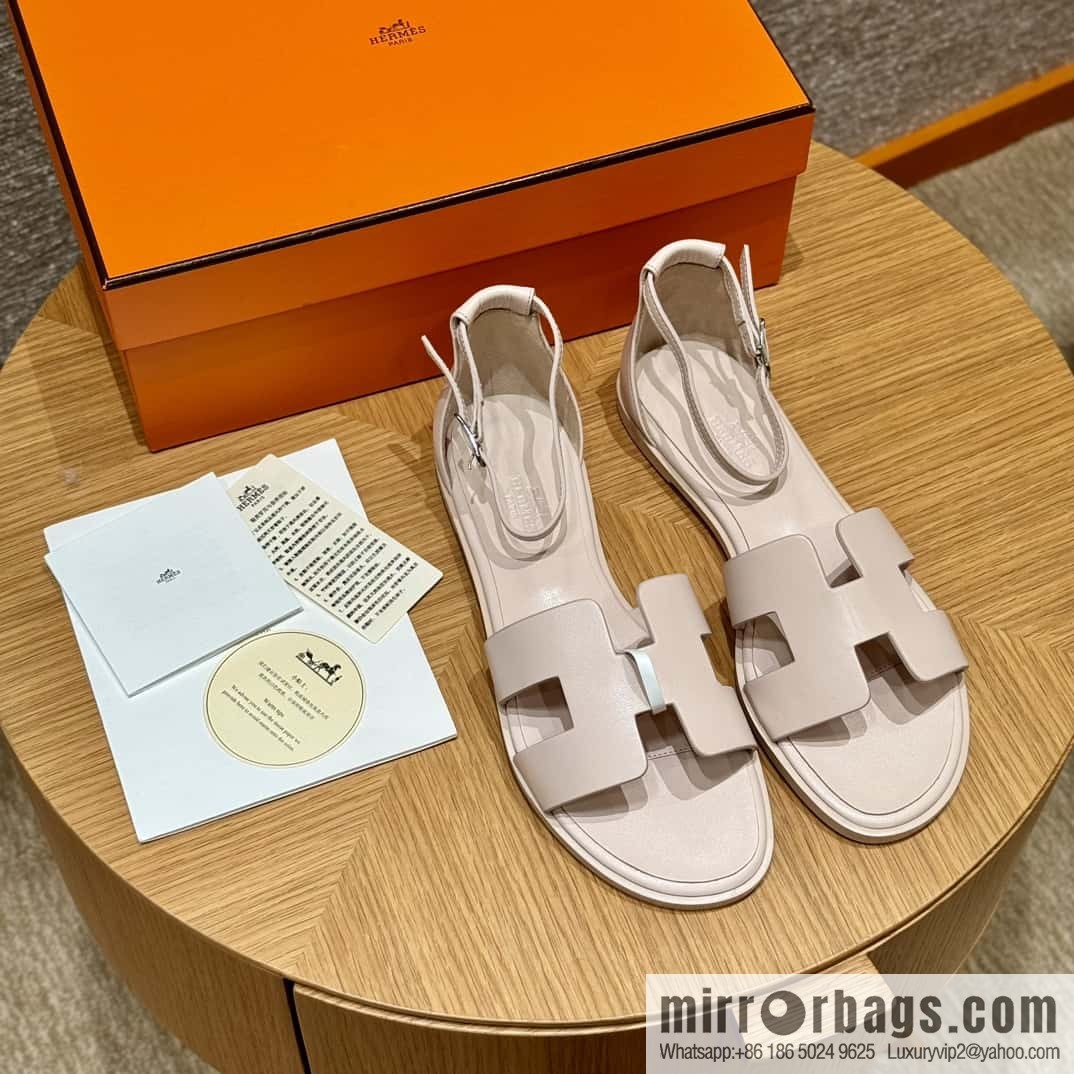 Hermès 196 Santorini Sandals 50 Plain Weave/Swift Petal Powder/Petal powder